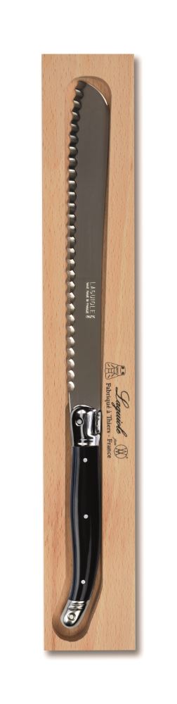 Black Andre Verdier bread knife featuring an 18cm stainless steel blade and ergonomic resin handle with Laguiole Bee emblem.