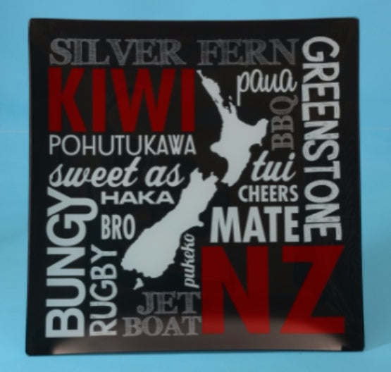 Vibrant tempered glass platter featuring a Kiwi map and iconic NZ words, perfect for serving and gifting.