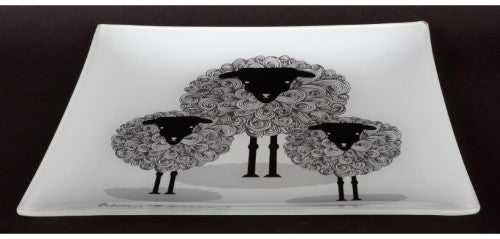 Ornamental glass plate featuring an adorable sheep design, perfect for home decor or as a unique gift celebrating Kiwiana.