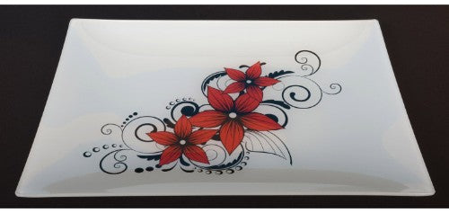 Vibrant Kiwiana Flower Glass Platter in red, 340mm x 240mm, perfect for serving or as a decorative centerpiece.