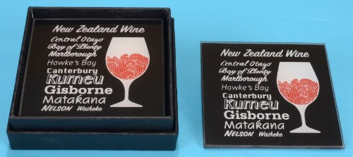 Tempered glass coaster set featuring New Zealand wine regions, with four elegant coasters in a sleek black gift box.