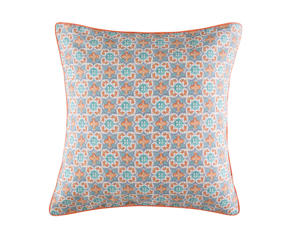 Euro Pillowcase featuring sun bleached terracotta and mint accents in a Moroccan design, made from rustic cotton slub.
