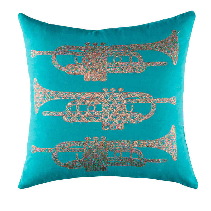 Jade green cushion with copper trumpet embroidery, 45x45cm, by Kas.