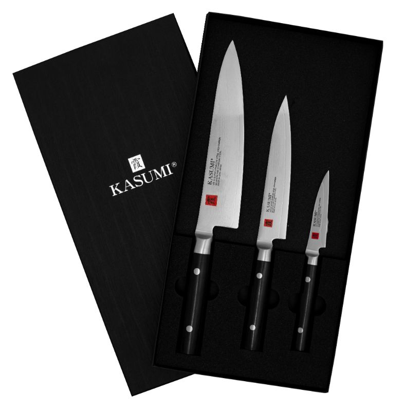 Kasumi 3-piece chef's knife set featuring high-carbon stainless steel blades with elegant damascus patterns and comfortable wooden handles.