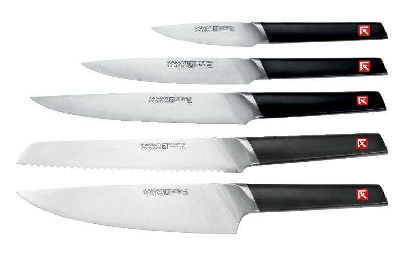 Knife Block Set With Slide - Kamati featuring 6 premium kitchen knives and an elegant ash wood block with tablet holder.