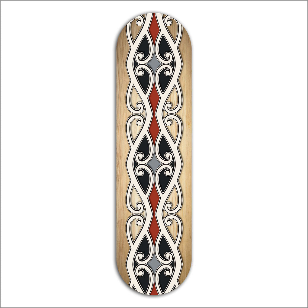 ACM Skateboard Art: Kowhaiwhai 1 features vibrant M?ori design, perfect for indoor/outdoor display, ready to hang.