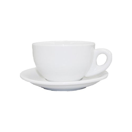 Set of 6 elegant 300ml Rockingham white porcelain latte cups, perfect for coffee lovers and stylish dining.