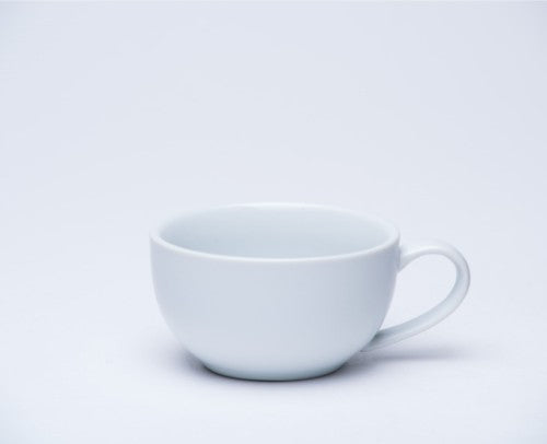 Set of 6 elegant white ceramic cappuccino cups, 200ml, perfect for serving rich beverages, microwave and dishwasher safe.