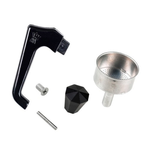 Pezzetti funnel, handle, and knob replacement kit for espresso makers, enhancing functionality and performance in vibrant colors.