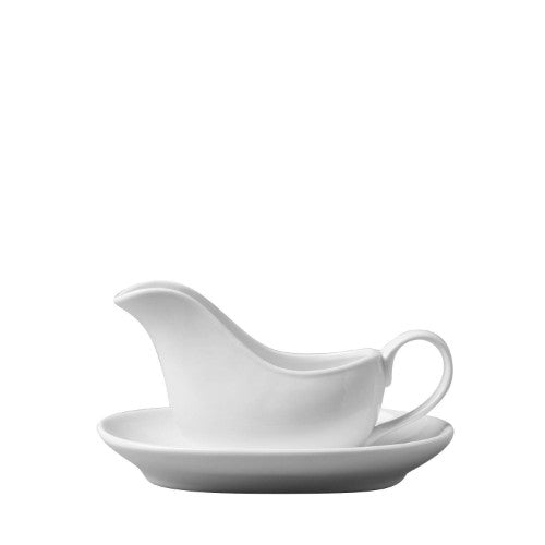 Elegant Bartleet Mini Sauce Boat & Saucer in porcelain, perfect for serving condiments with a stylish drip-catching saucer.