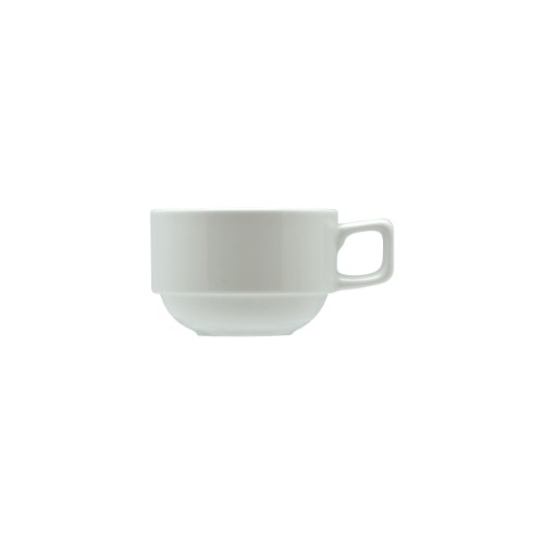 Set of 6 Rockingham stackable ceramic cups, 220ml, ideal for coffee and tea, stylish and space-saving design.