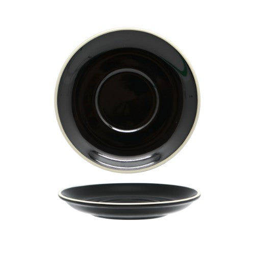 Set of 6 sleek black porcelain cappuccino saucers, blending elegance and functionality for coffee lovers.