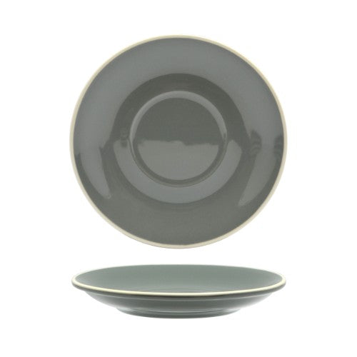 Set of 6 Rockingham Grey Latte Saucers, 15.5cm diameter, crafted from durable porcelain with a refined grey finish.