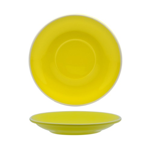 Vibrant yellow latte saucers, set of 6, blending classic elegance with durability for stylish dining and everyday use.