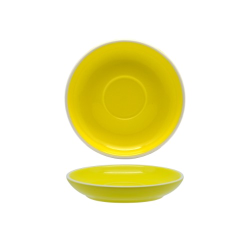 Bright yellow porcelain espresso saucers, set of 6, perfect for coffee lovers and stylish dining occasions.