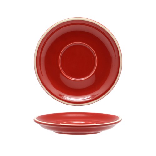 Rockingham Red Cappuccino Saucer set (6) features durable stoneware, vibrant red color, elegant for coffee or desserts.