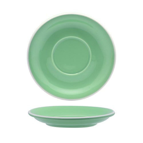 Set of 6 Rockingham mint green latte saucers, vintage-inspired design perfect for stylish coffee moments and entertaining.