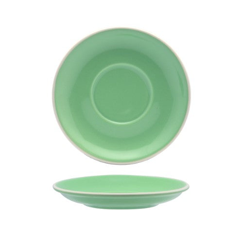 Set of 6 mint green porcelain cappuccino saucers, elegant design for stylish coffee presentation.