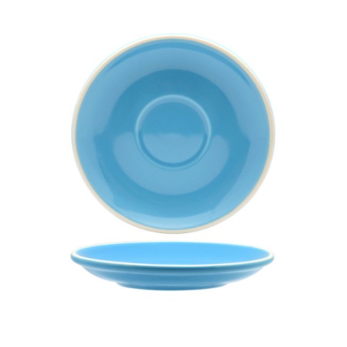Sky blue porcelain saucer set (6) designed for long blacks and flat whites, blending elegance with functionality for coffee lovers.