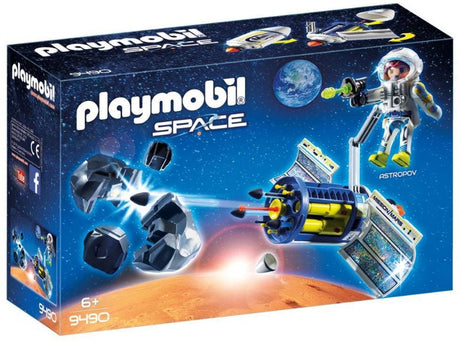 Playmobil Satellite Meteoroid Laser set featuring an astronaut, satellite with laser, and break-apart asteroid for cosmic adventures.
