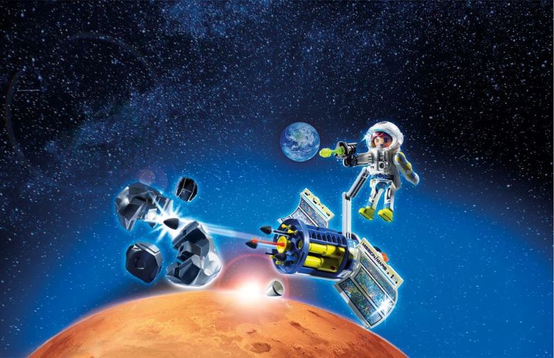 Playmobil Satellite Meteoroid Laser playset featuring astronaut, satellite with laser, and break-apart asteroid for cosmic adventures.