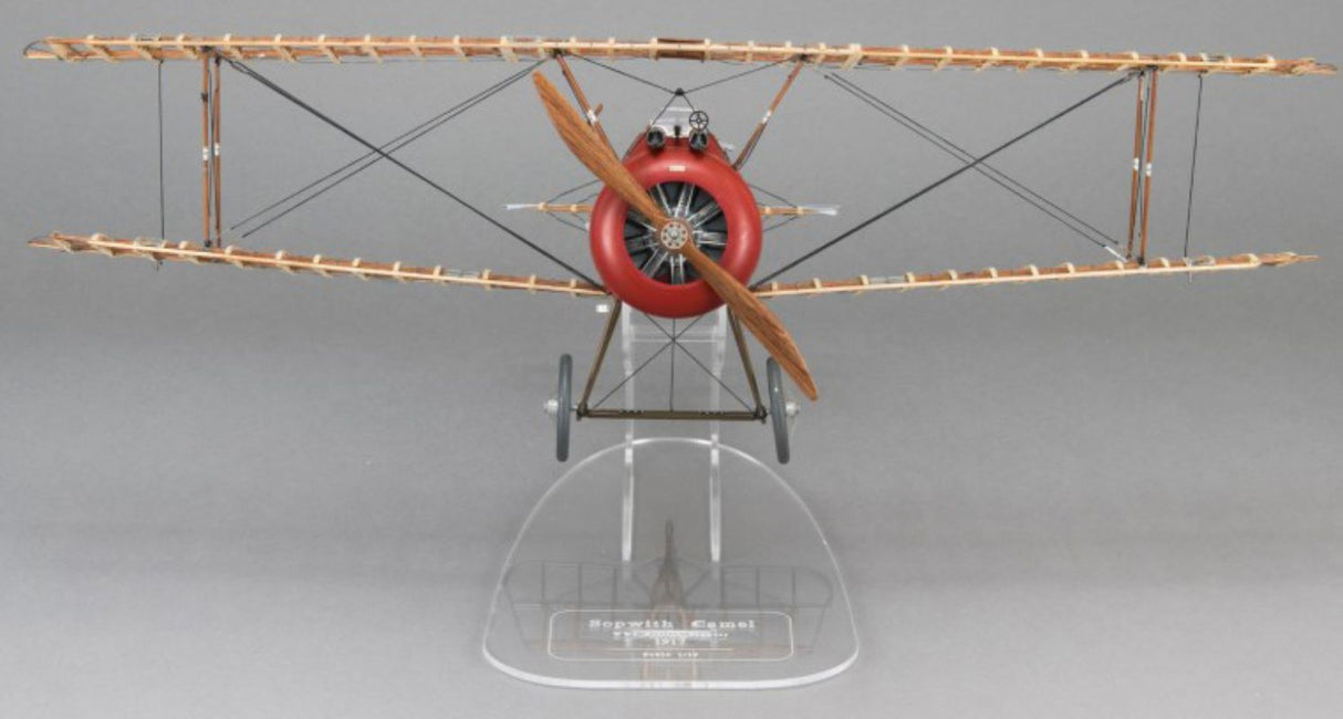 1/16 scale wooden model of the Sopwith F.1 Camel 1918 with detailed cockpit, metal parts, and a methacrylate display stand.
