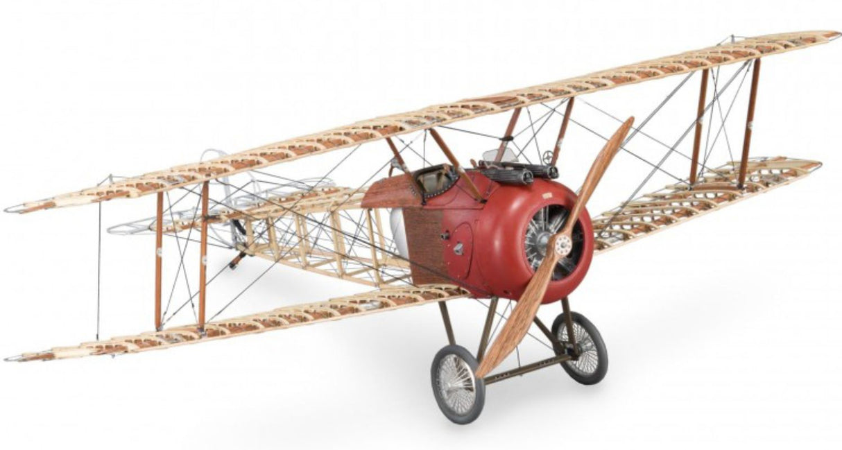 Wooden model kit of Sopwith F.1 Camel 1918, showcasing detailed metal parts and a decorative display stand.