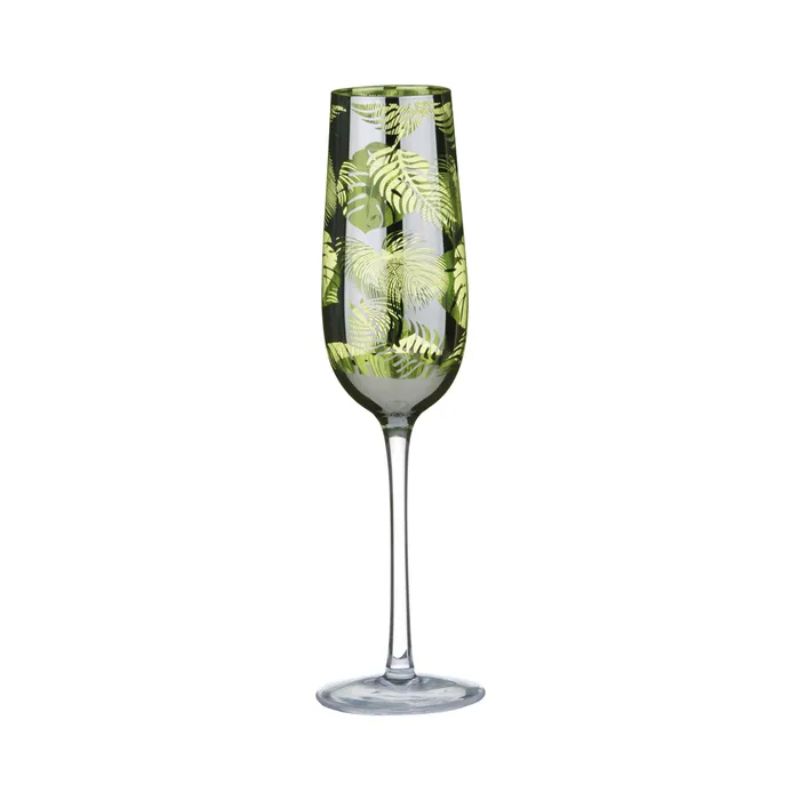 Artland Tropical Leaves Champagne Flute featuring a mirrored silvered exterior and vibrant green metallic interior with tropical leaf design.