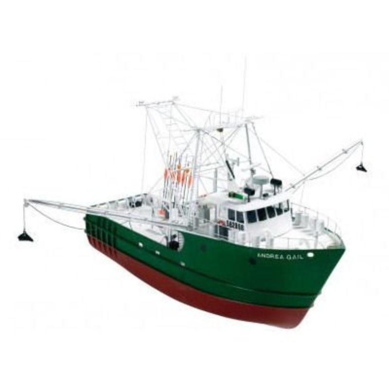 Detailed 1:30 scale model kit of the Andrea Gail, featuring laser-cut wooden hull and comprehensive assembly guide.