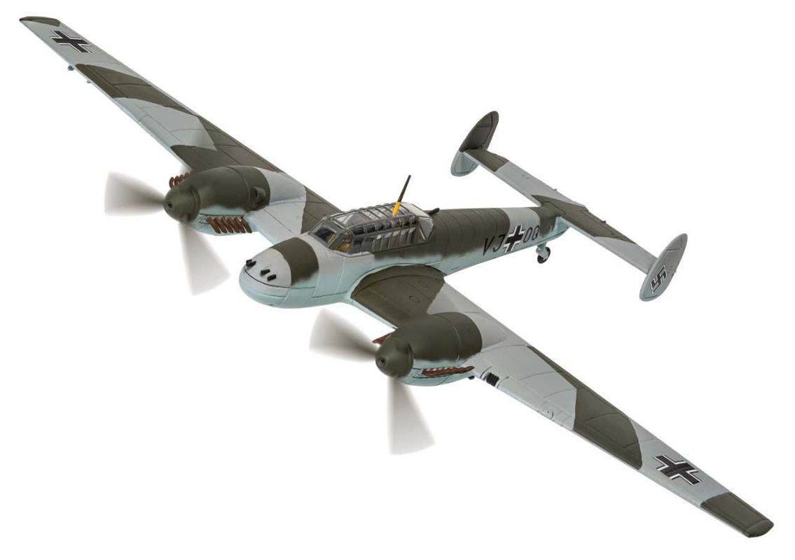 Diecast model of 1/72 Me BF110D Hess, showcasing authentic markings and intricate details of the historic aircraft flown by Rudolf Hess.