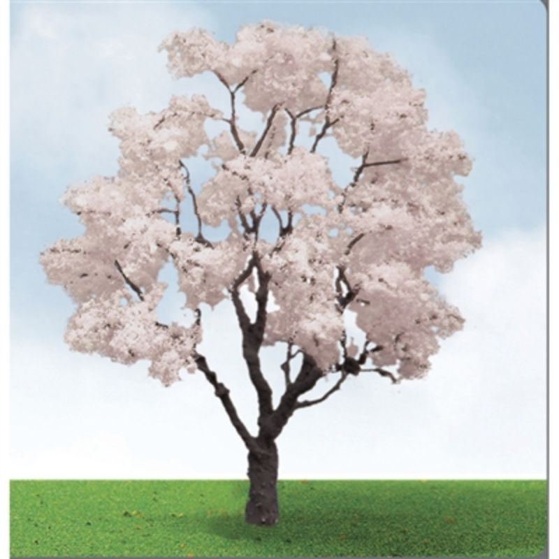 Two 75-85mm Blossom Cherry trees with vibrant pink blossoms, ideal for enhancing model scenery in dioramas and tabletop games.