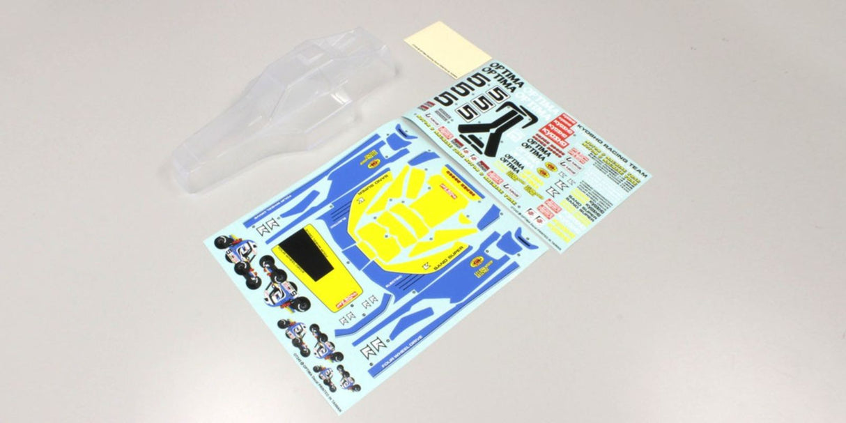 Kyosho Optima Body Shell & Decals for enhanced aesthetics and performance, featuring custom decals and durable fit.