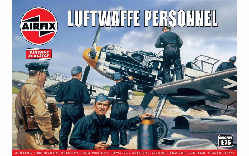 Detailed 1:76 scale model kit featuring 46 dynamic WWII Luftwaffe figures engaged in aircraft maintenance and loading tasks.