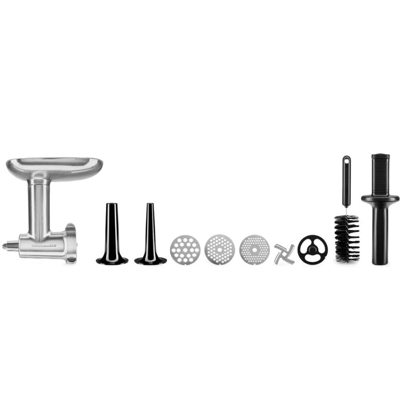 KitchenAid Metal Food Grinder Attachment in durable die-cast metal, ideal for grinding meat, cheeses, and more with various plates.