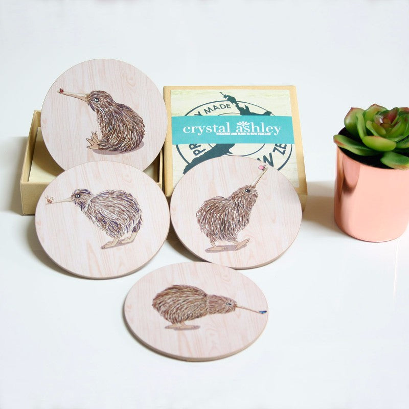 Kiwiana coasters featuring intricate Kiwi artwork, made of durable MDF with cork base, perfect for protecting surfaces.