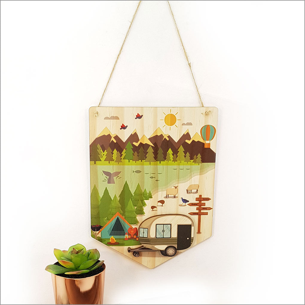 Kiwi Holiday Printed Pine Flag showcasing vibrant colors, crafted from eco-friendly pine veneer, ready to hang for home decor.