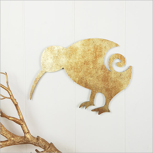 Antique gold textured wall art featuring Kiwi birds, perfect for enhancing indoor or sheltered outdoor spaces.