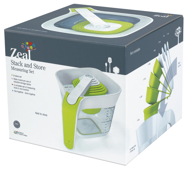 Zeal Green Measuring Cup and Spoons Set, 9 pieces, featuring non-slip base for accurate measuring and space-saving storage.