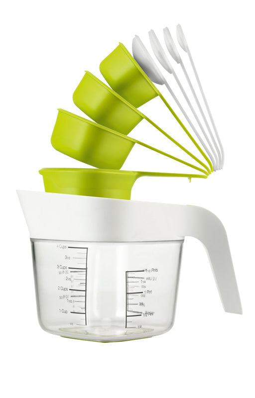 Vibrant green 9-piece measuring cup and spoons set with non-slip base for accurate cooking and baking.