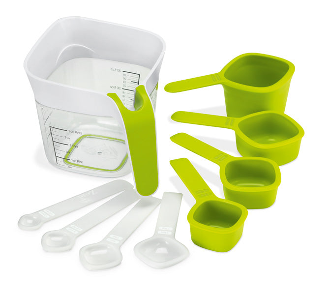 Bright green 9-piece Zeal measuring cup and spoons set with non-slip base for precise measurements and easy storage.