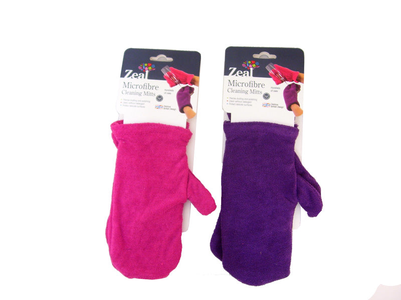 Soft microfibre cleaning mitts in assorted colors, designed for dusting and polishing without scratching delicate surfaces.