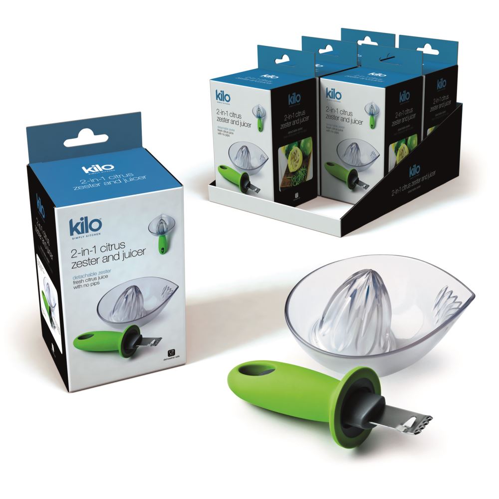 2-in-1 Kilo Citrus Reamer & Zester, perfect for juicing and zesting with ergonomic design and integral strainer for easy use.