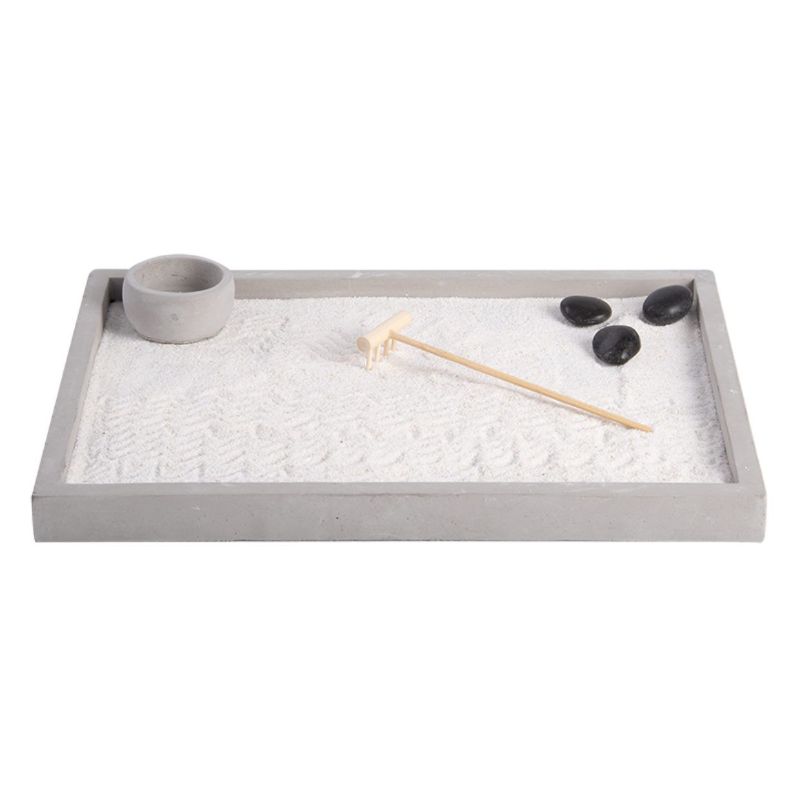 Zen Garden Rectangular (22x30cm) with concrete tray, white sand, stones, bamboo planter, and wooden rake for meditation and mindfulness.