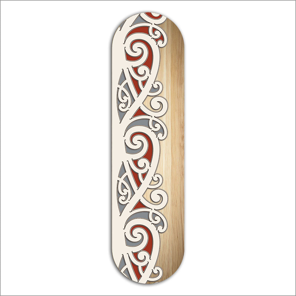 ACM Skateboard Art featuring Kowhaiwhai design, vibrant M?ori patterns crafted from durable 4mm thick aluminium composite.