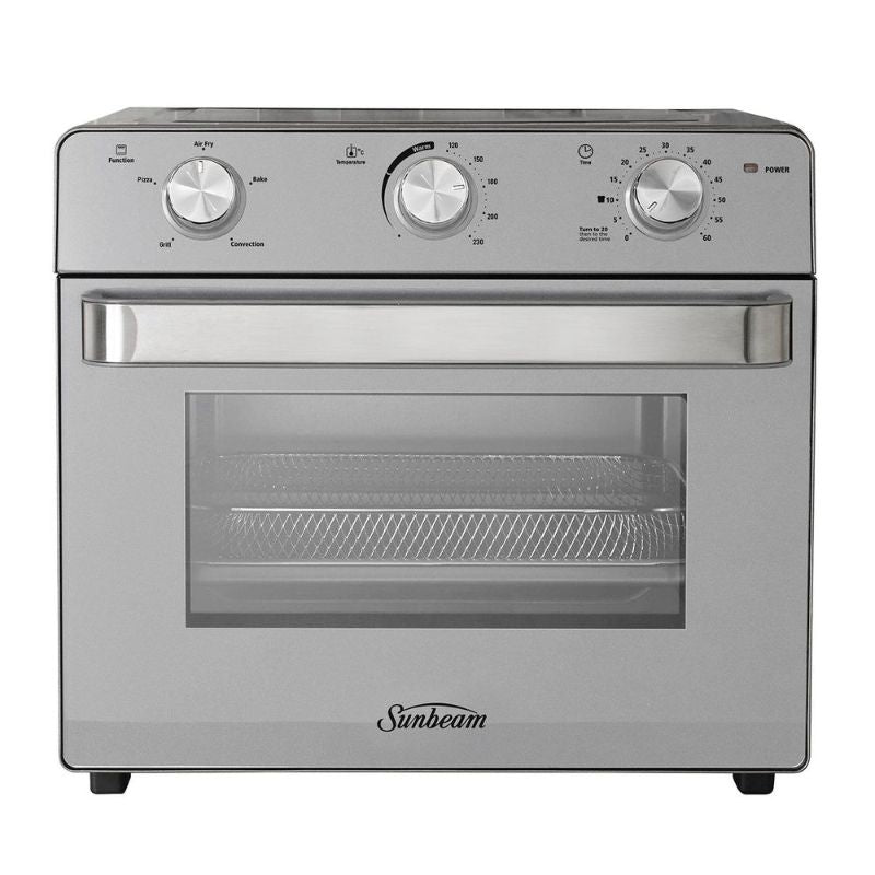 Stainless steel multi-function oven and air fryer with 22L capacity, digital timer, and various cooking styles.