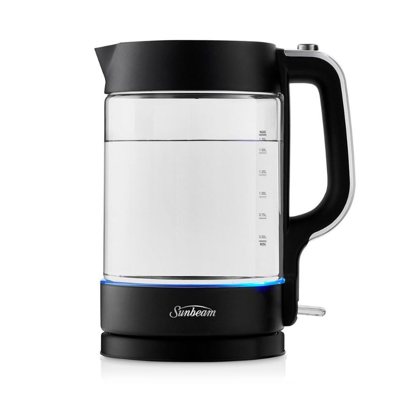 Sunbeam Classics Glass Kettle in black with blue illumination, 1.7L capacity, 360-degree base, and 2200W fast boiling power.