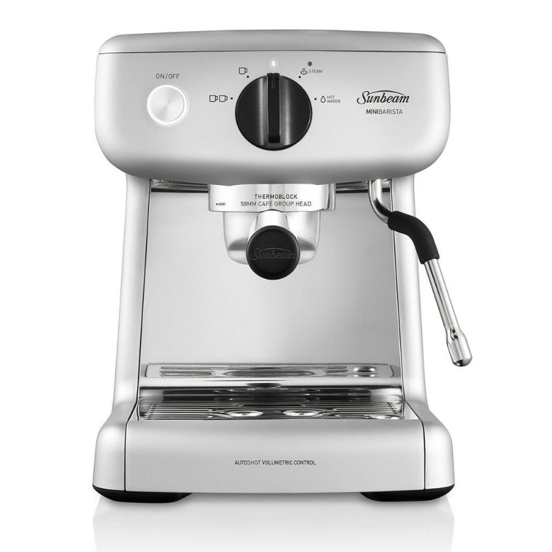 Sleek silver Sunbeam Mini Barista Espresso Machine, featuring a 15-bar pump, 2L tank, and barista accessories for perfect coffee at home.