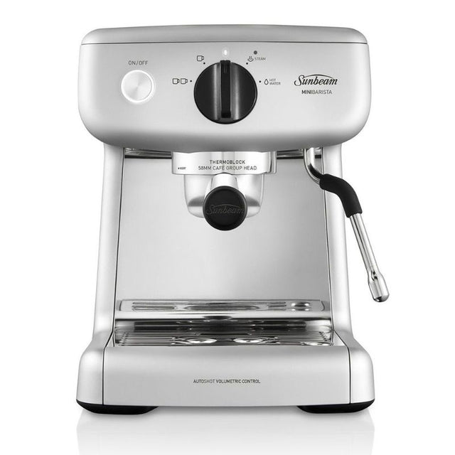 Sleek silver Sunbeam Mini Barista Espresso Machine, featuring a 15-bar pump, 2L tank, and barista accessories for perfect coffee at home.