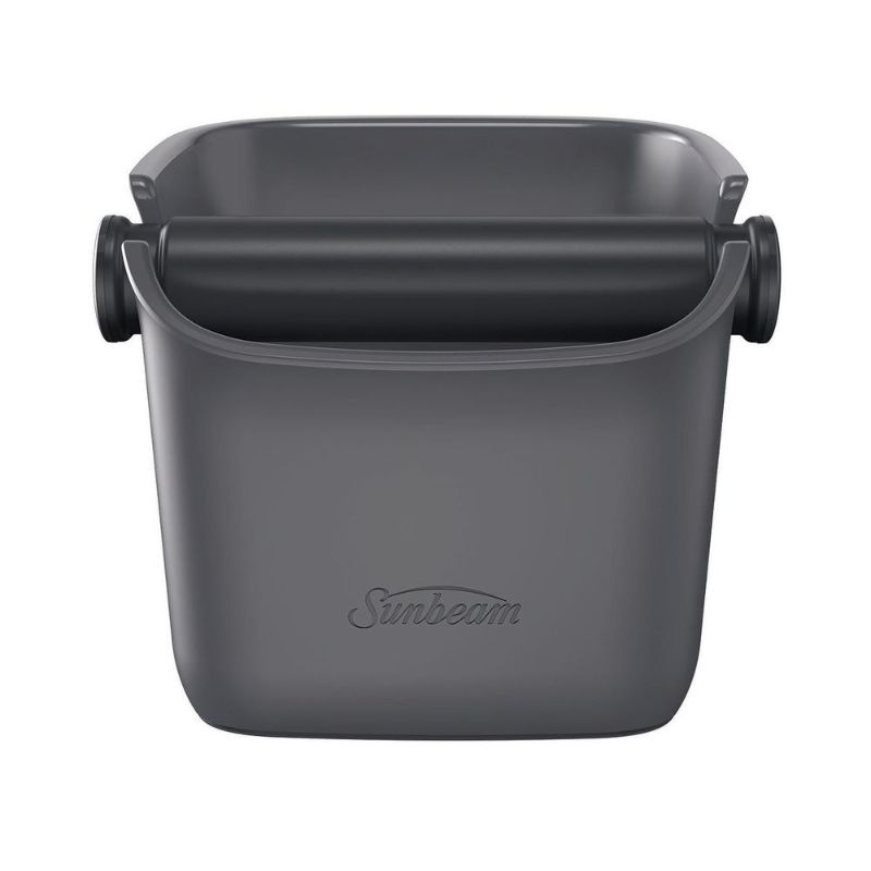 Compact grey coffee grinds bin with anti-slip base, designed to keep countertops tidy and quiet during coffee preparation.