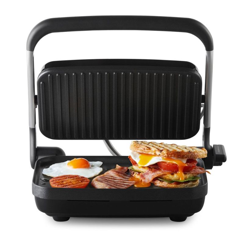 Café Style 2-Slice Sandwich Press with AnyHeight Control for perfect sandwiches, stainless steel finish, non-stick coating.